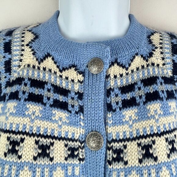 Handmade O Allers Nilssen Norway Wool Fair Isle Cream Blue Cardigan Sweater S/M - Picture 10 of 15